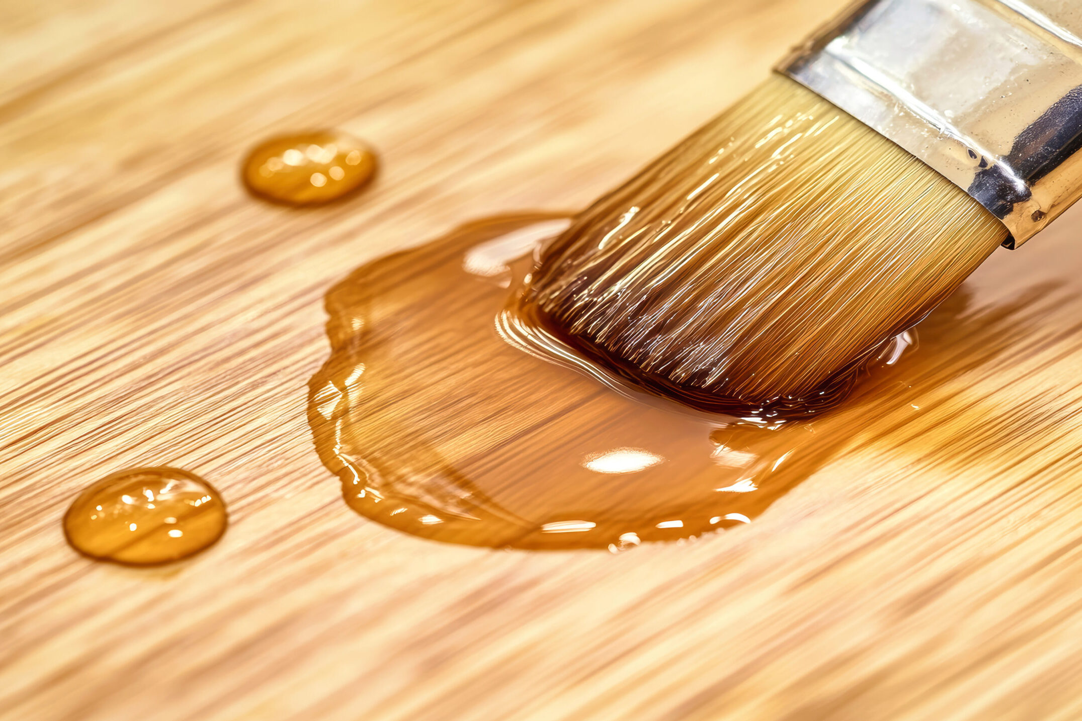 Varnishing a light wood surface with a brush, showcasing smooth strokes and clear resin drops on a rustic wooden table
